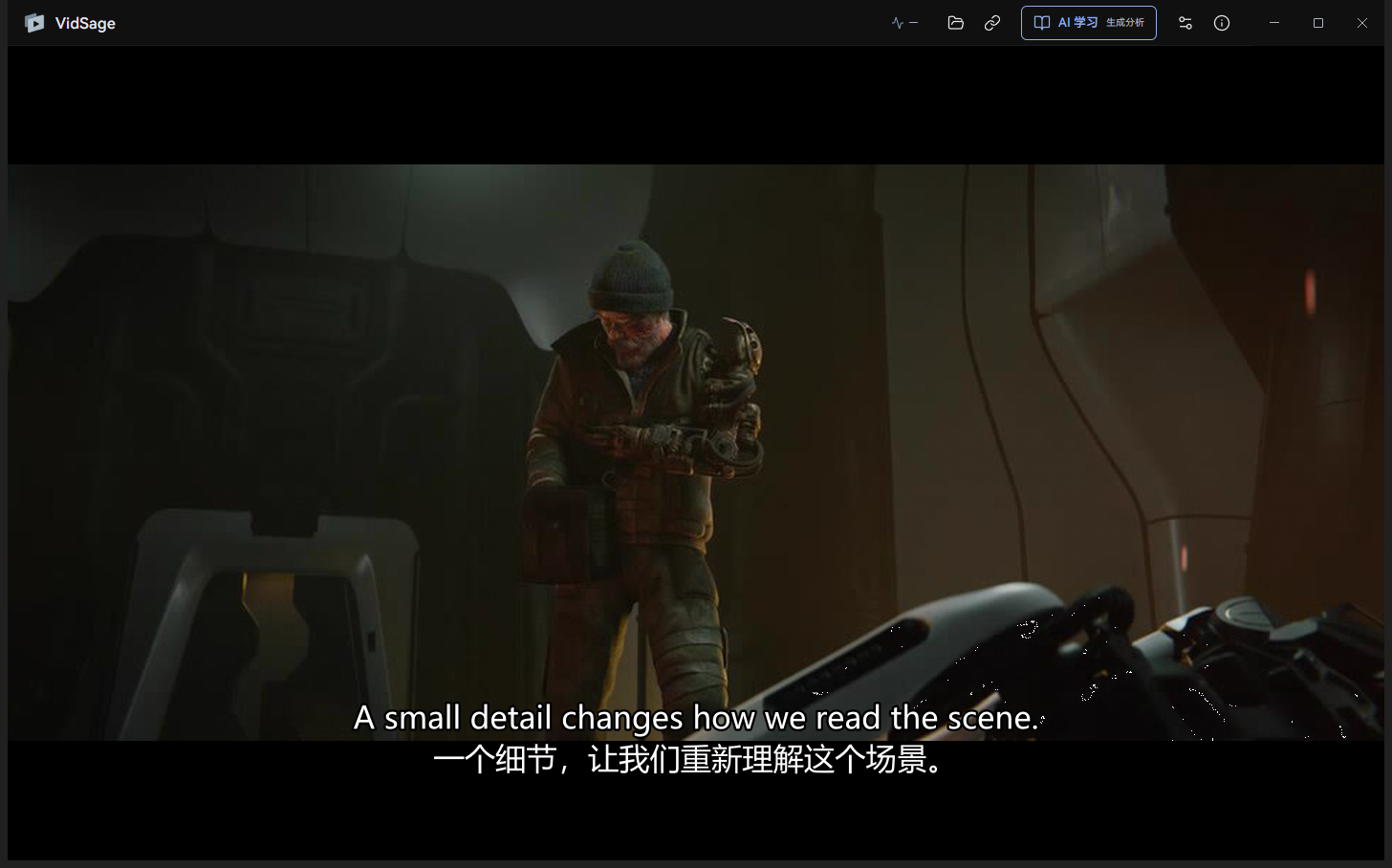 实际 VidSage 0.2.1 播放器,播放 Charge 影片静帧,显示人工编写的双语演示字幕